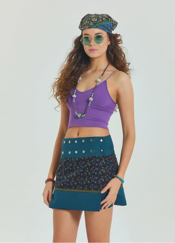 Snap Closure Patchwork Wrapped Floral Skirt 4670